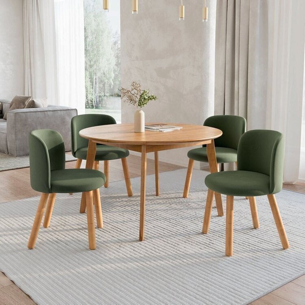 Mesa de Jantar Extensível Redonda com 4 Cadeiras Madeira Maciça Tasila Yescasa Champagne/Verde