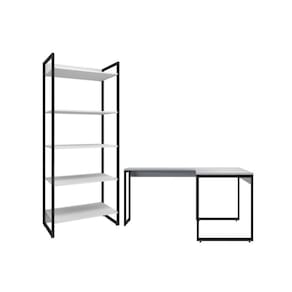 Conjunto Mesa Em L E Estante Nick Branco Preto