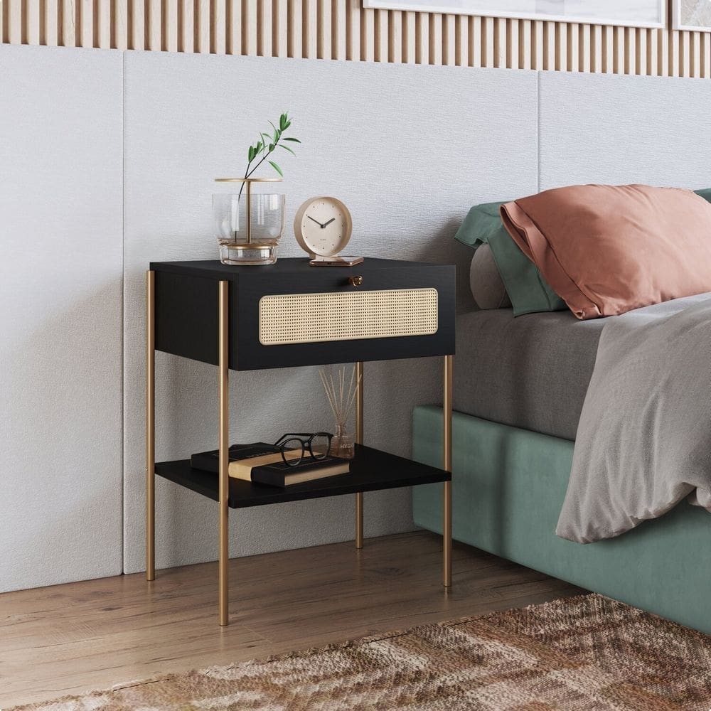 Mesa de Cabeceira 1 Gaveta Palhinha Pé Metal Oslo Nero/Dourado