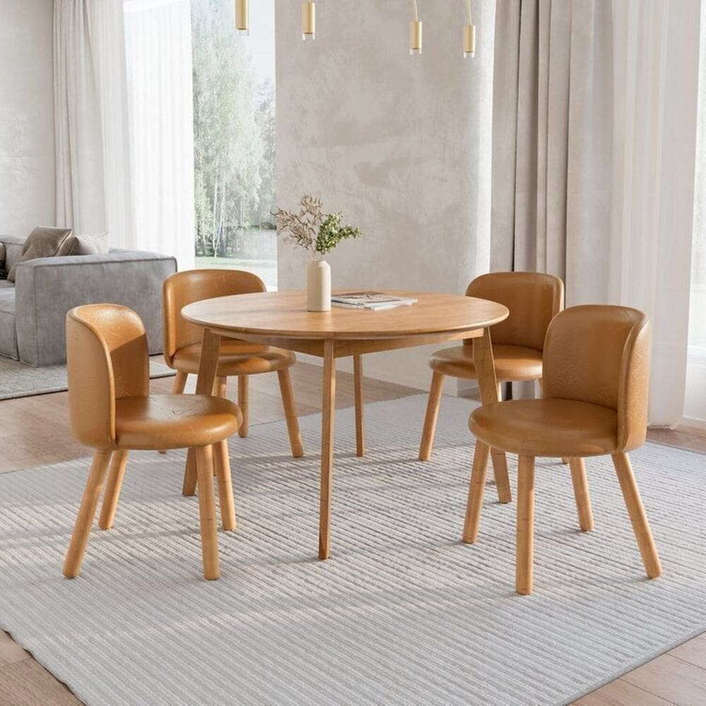 Mesa de Jantar Extensível Redonda com 4 Cadeiras Madeira Maciça Tasila Yescasa Champagne/Caramelo