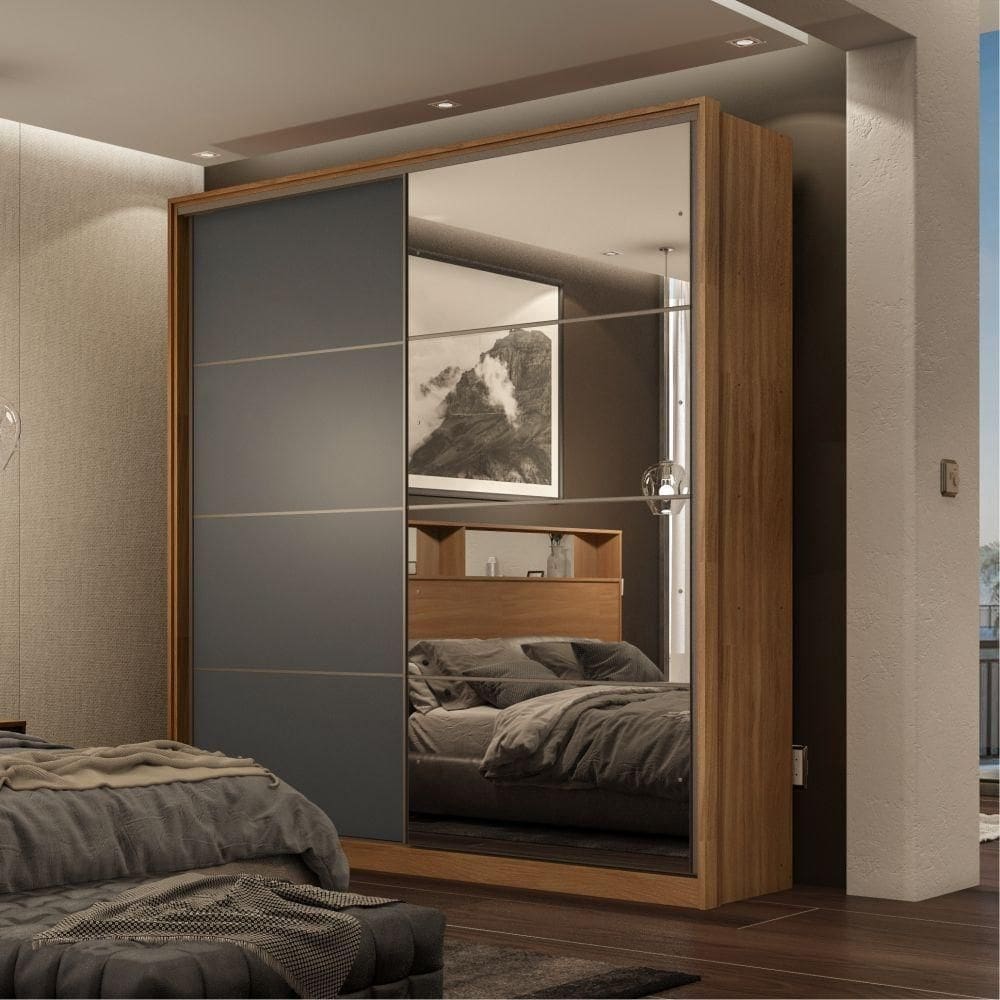 Guarda Roupa Casal 2 Portas Com Espelho Nápolis Amendola Grafito