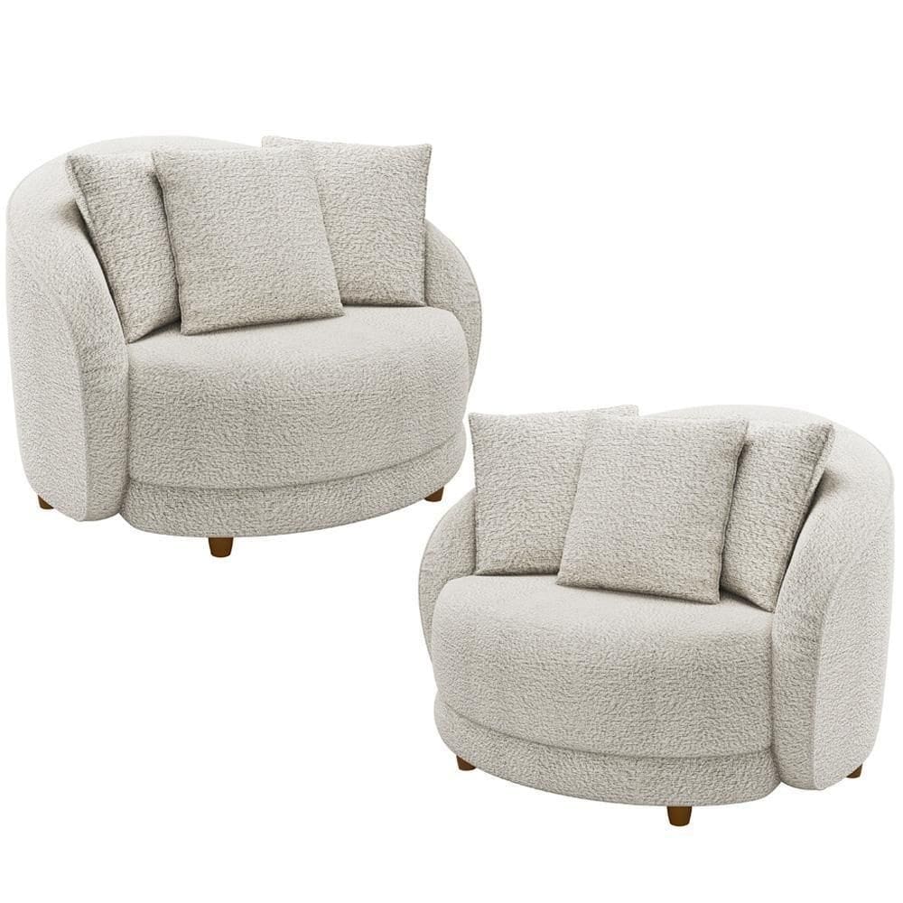 Kit 02 Poltronas Decorativa Sala De Estar Base Fixa De Madeira Witta M03 Bouclê Branco
