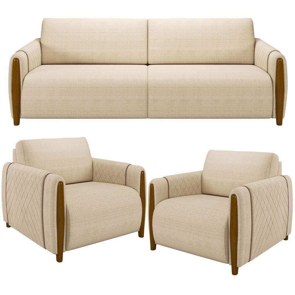 Kit Sofá 03 Lugares 223Cm Com 02 Poltronas Flora M03 Bege