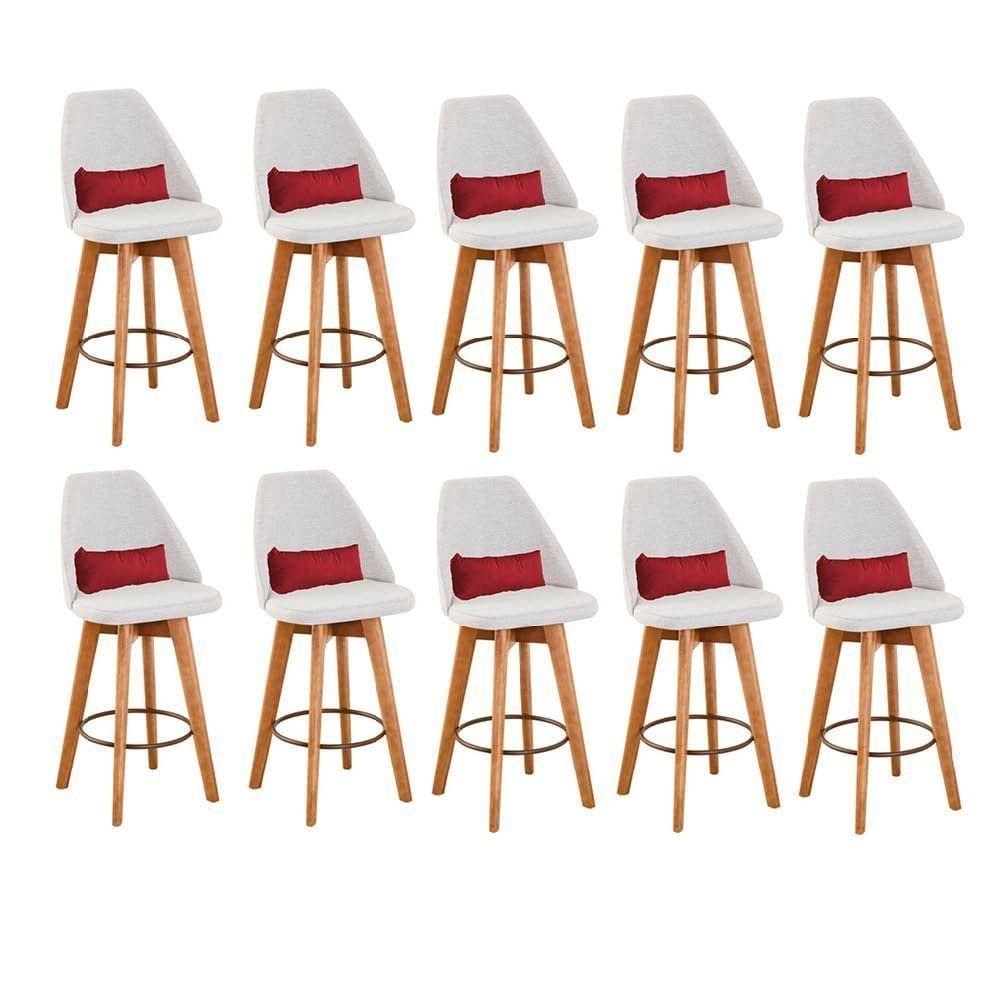 Kit 10 Banquetas Bege Claro E Almofada Sintético Vermelho