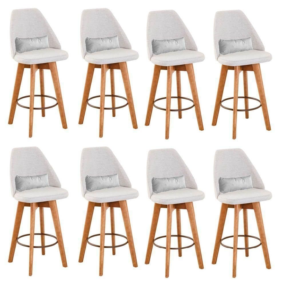 Kit 08 Banquetas Linho Bege E Almofada Suede Branco