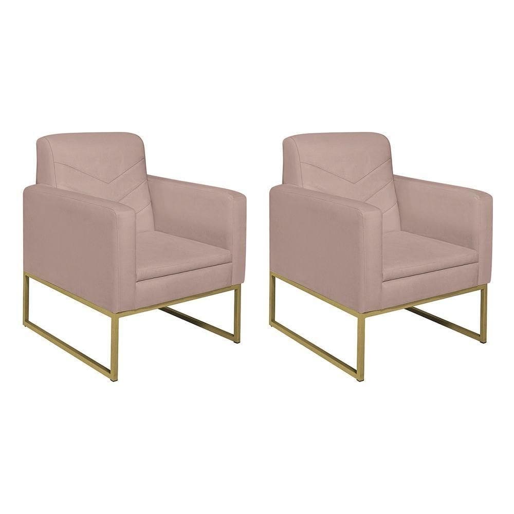 Kit 02 Poltronas Bella Base De Ferro Dourado Linho - Doce Sonho Móveis