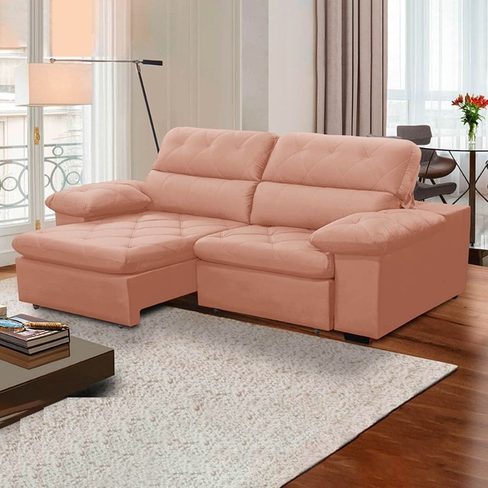 Sofa Retratil Reclinavel 2 Lugares 2,20m Crystal Veludo Rosê LansofBR