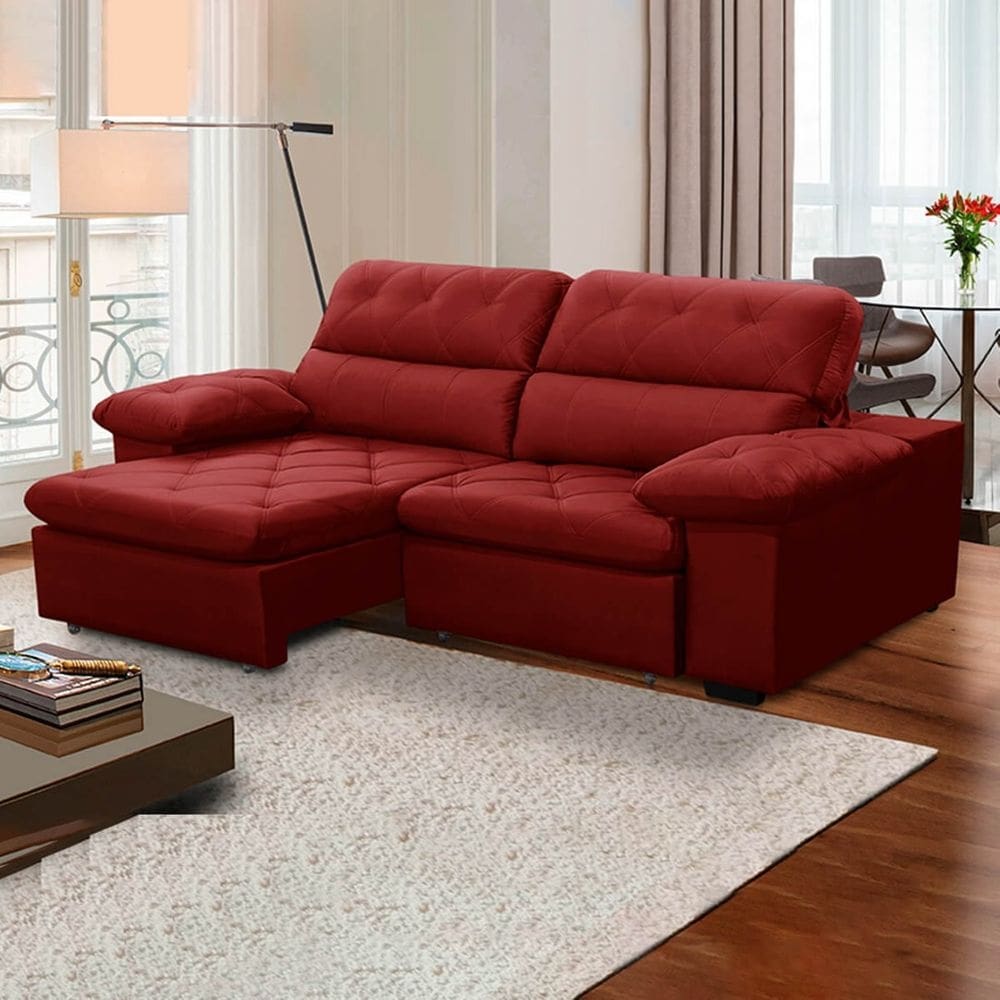Sofa Retratil Reclinavel 2 Lugares 2,20m Crystal Veludo Bordô LansofBR