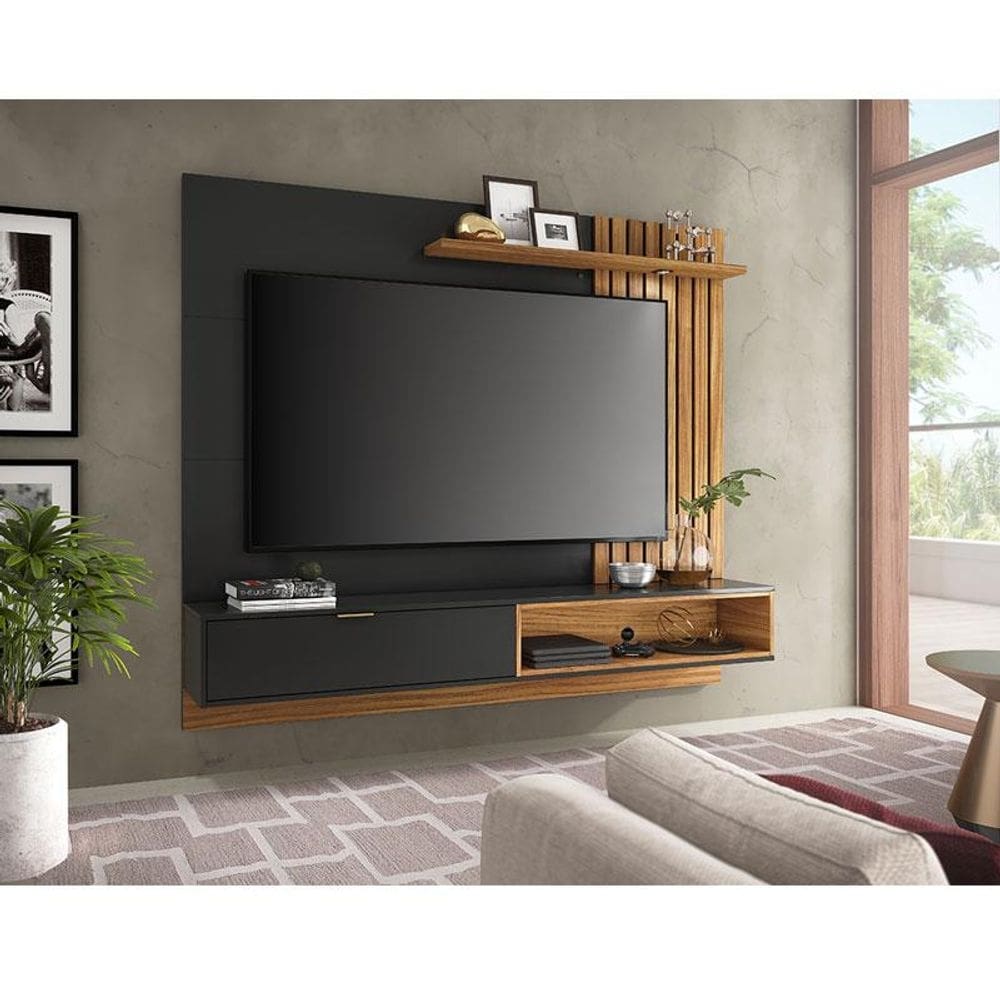 Painel para Tv Suspenso Ambiente Tocantins 1.8 Preto Acetinado Noce Milano - Colibri
