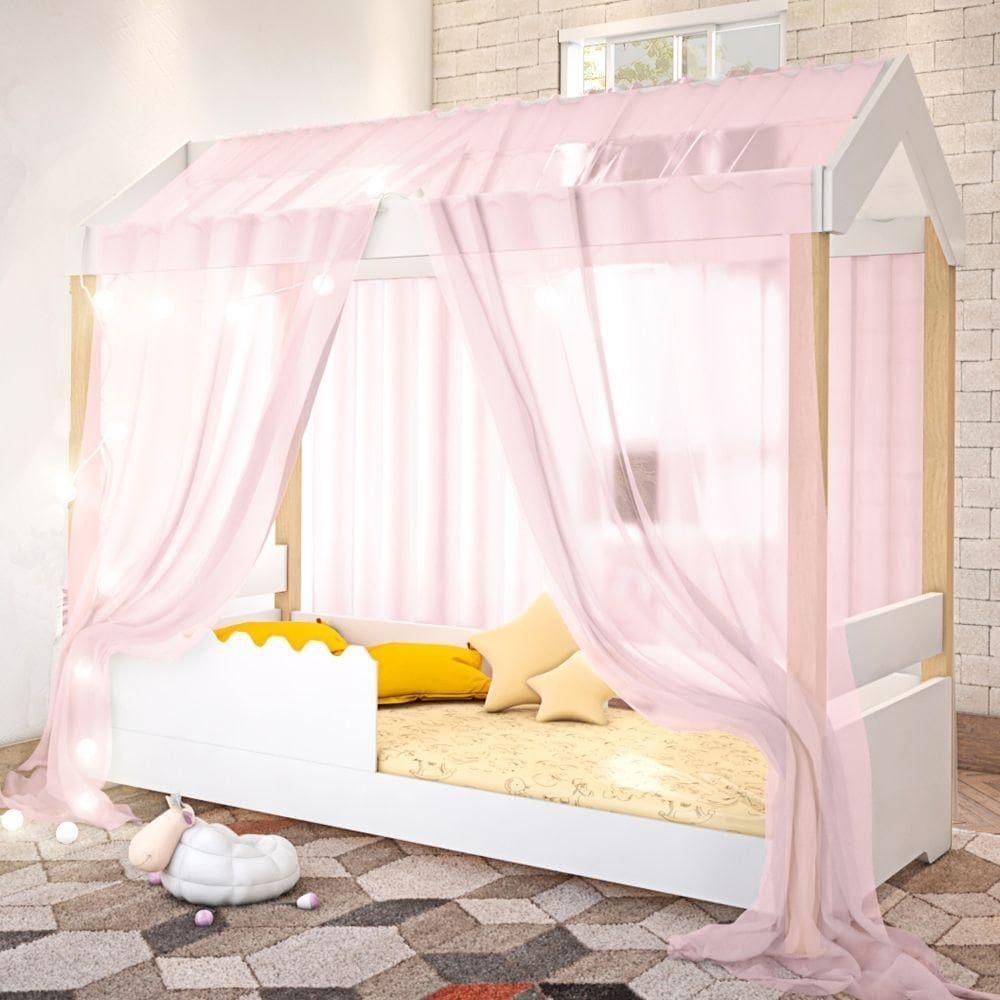 Cama Jéssica Solteiro Branco Voal Rosa Com Colchão E Led