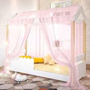 Cama Jéssica Solteiro Branco Voal Rosa Com Colchão E Led