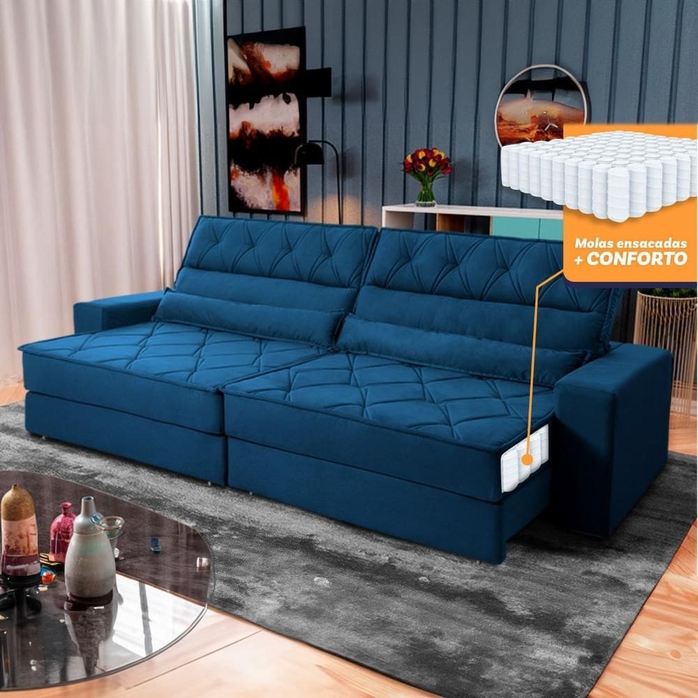 Sofá Retrátil Reclinável 2,30m Albany Suede Velut Azul Marinho Molas Ensacadas - King House
