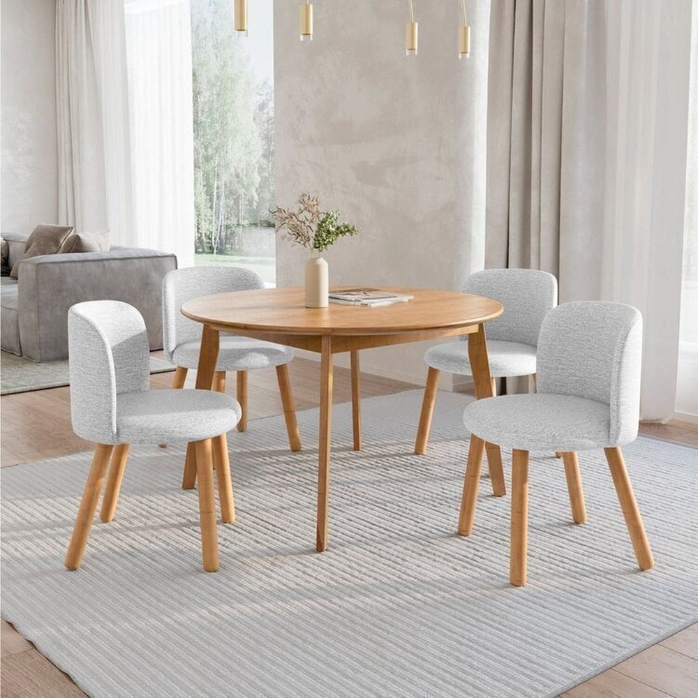 Mesa de Jantar Extensível Redonda com 4 Cadeiras Madeira Maciça Tasila Yescasa Champagne/Cinza