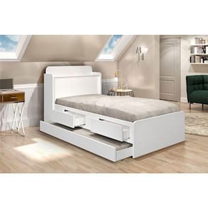 Cama Solteiro 0,88cm Com Auxiliar Branco Com Capitonê Bege