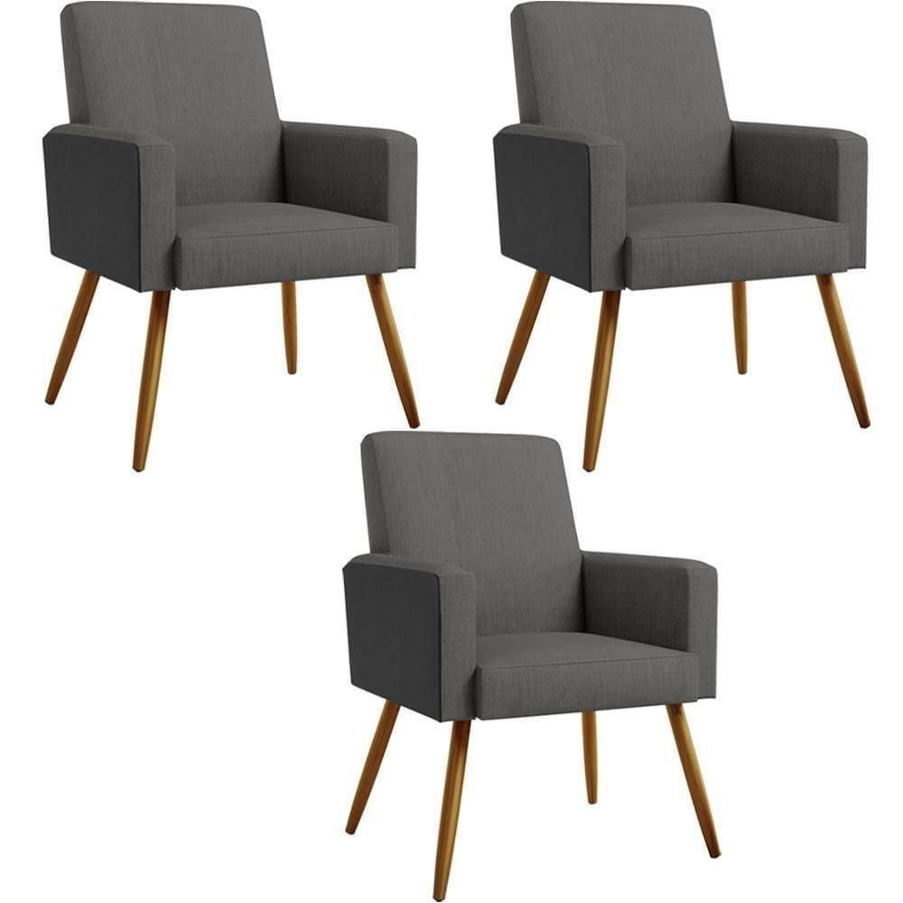 Kit 03 Poltronas Pés Palito Cinza Escuro Couríssimo Preto