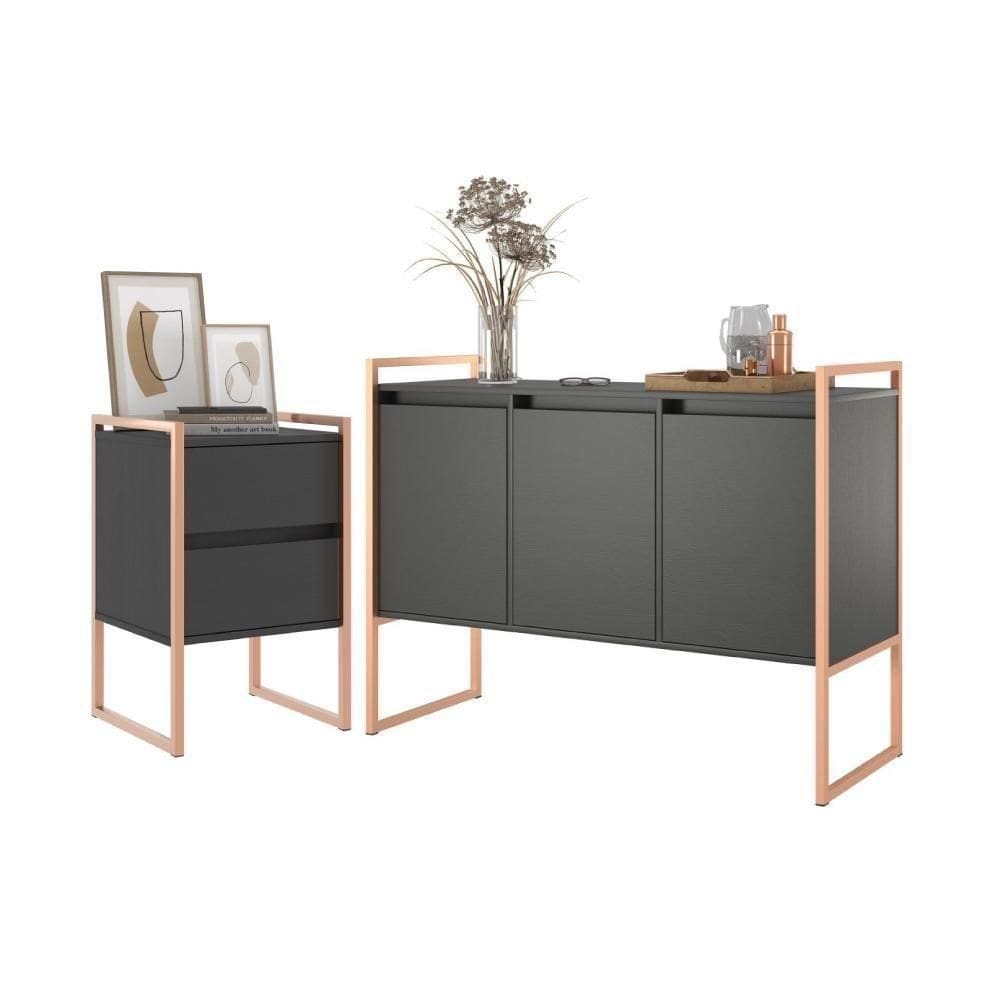 Conjunto Buffet E Gaveteiro Industrial Paris Preto Cobre