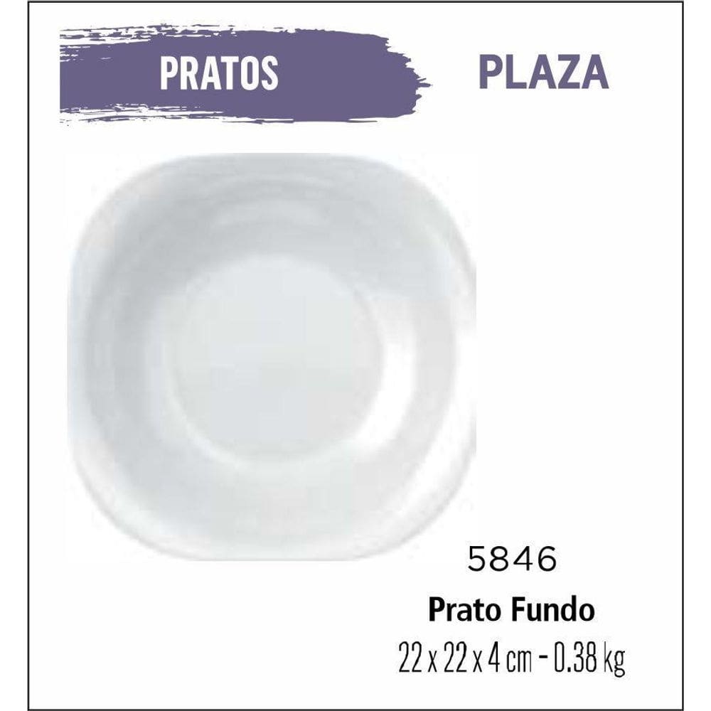 Jogo De Pratos Plaza 06 Fundo - 22Cm Vidro Branco