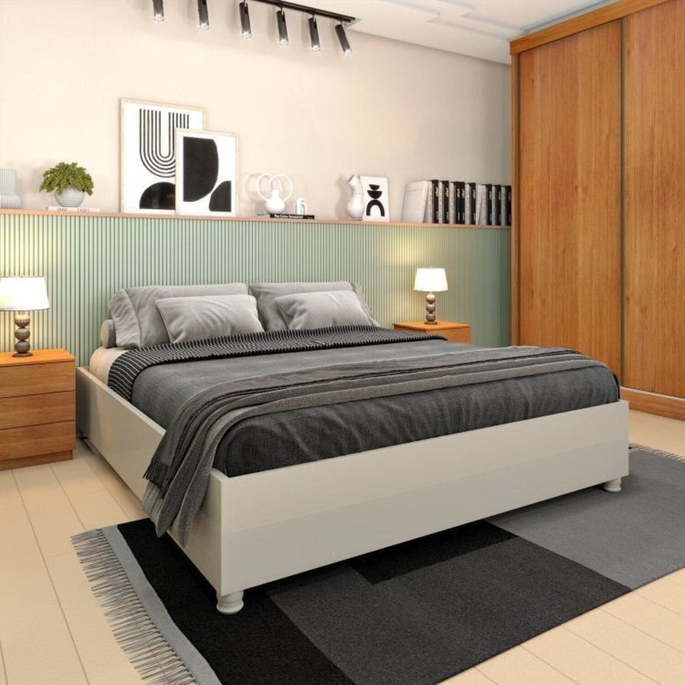 Cama Box Casal Queen Mônaco e Mesa de Cabeceira Veronna Off White/Cinamomo