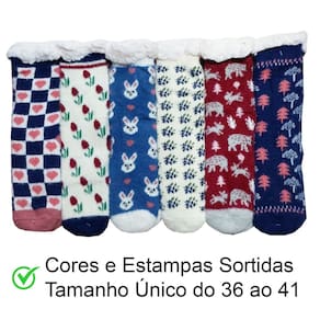 Meia Térmica Lã Forrada Pelúcia Antiderrapante + 2 Pares De Meias Soft = Kit 3 Pares