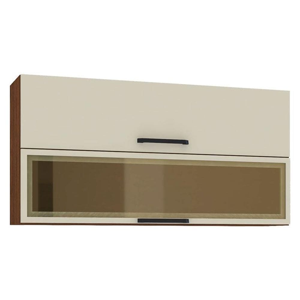 Armário Aéreo Ametista 2 Portas Basculantes 1 com Vidro 120 cm Nogueira Off White - Kits Paraná