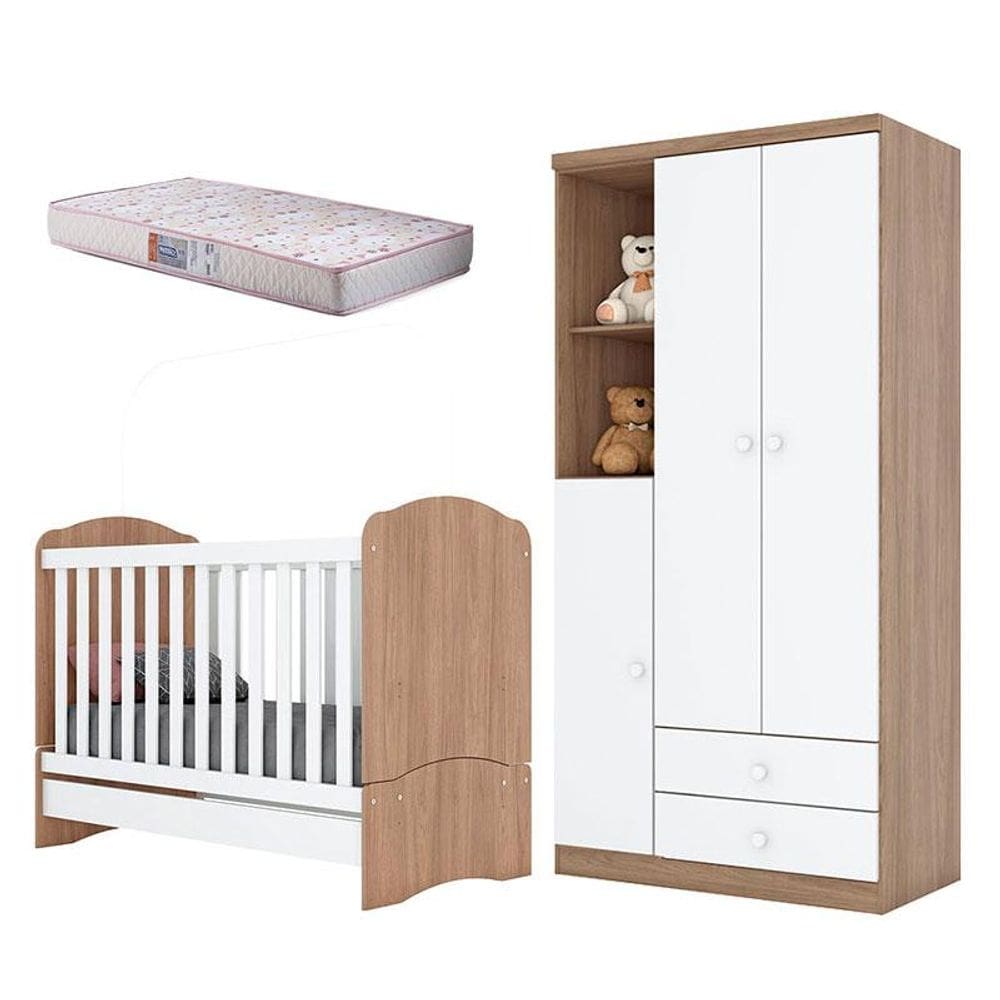 Berço Nacional e Guarda Roupa Infantil Bala de Menta Rústico Branco com Colchão Gazin - Henn