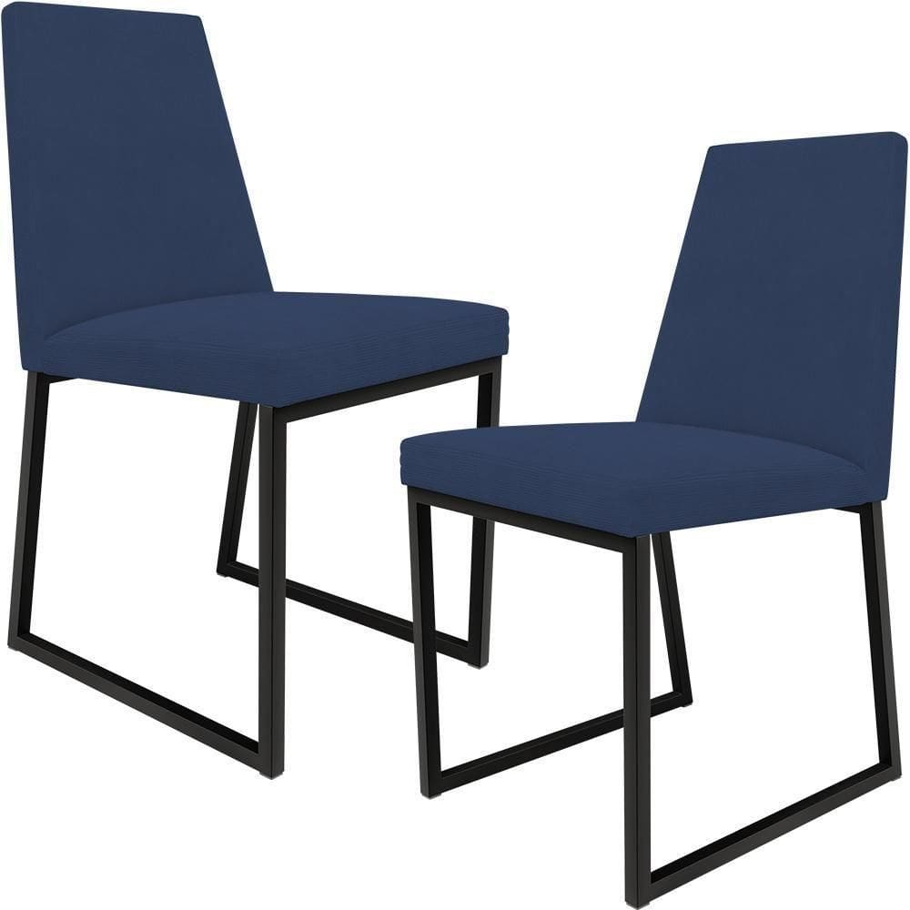 Kit 02 Cadeira Sala Jantar Preto L02 Suede Azul Marinho