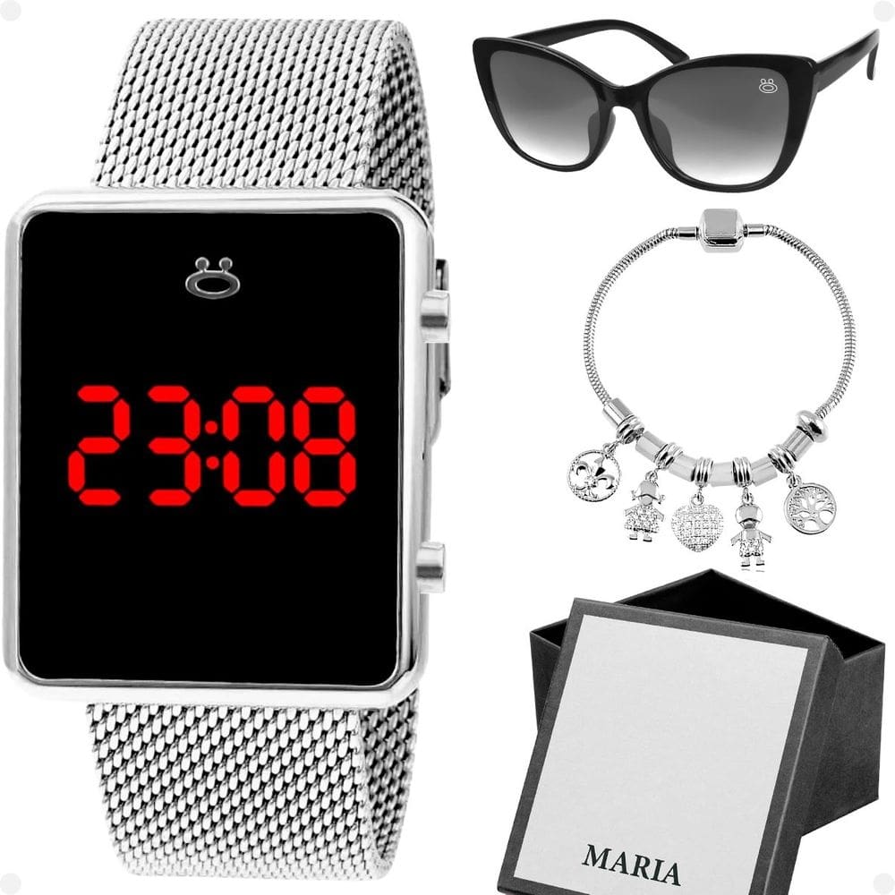 Relogio led feminino prata + pulseira + oculos sol + caixa