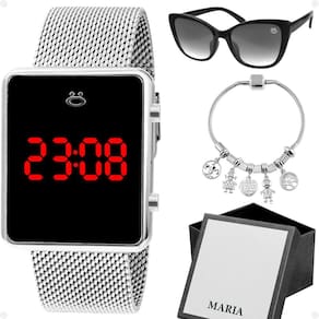 Relogio led feminino prata + pulseira + oculos sol + caixa