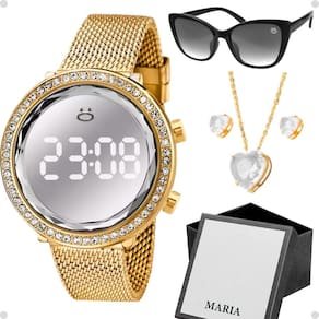 Relogio feminino dourado oculos sol caixa pulseira gatinho