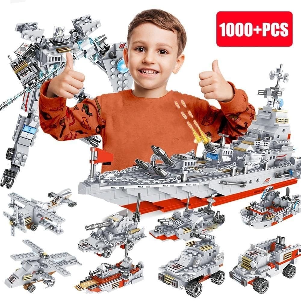 +1000 Peças Blocos De Montar Mega Navio + Robô + 24 Veículos
