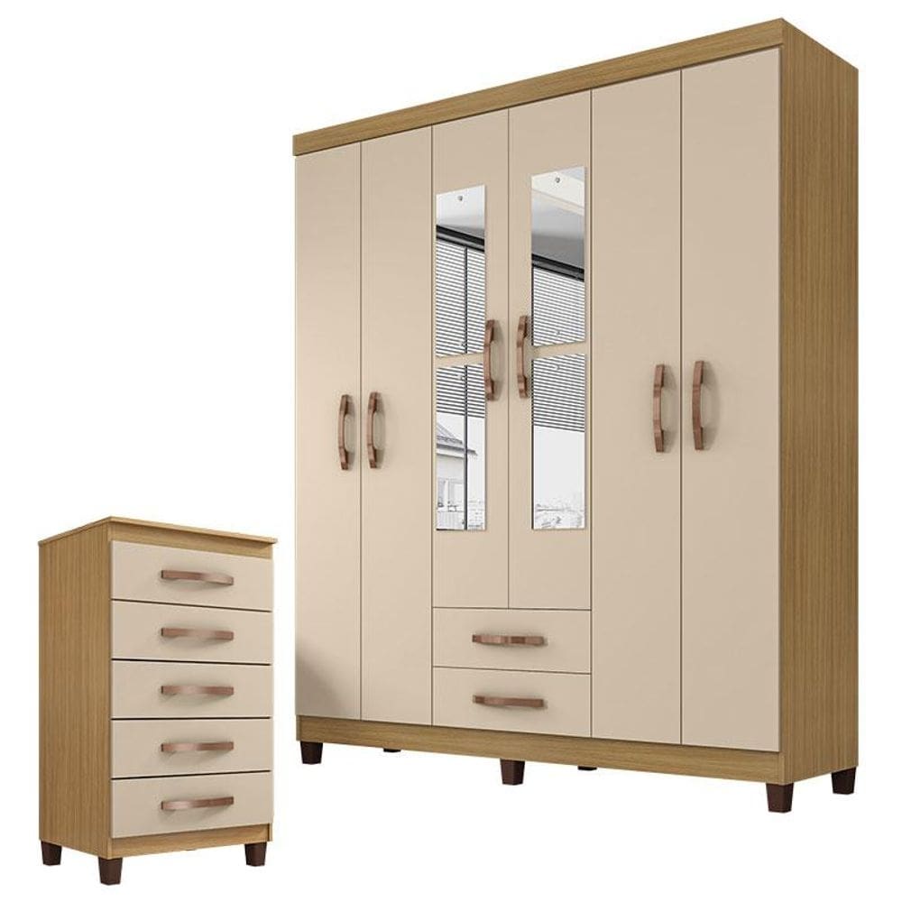 Guarda Roupa Casal Modena com Espelho 6 Portas e Cômoda Cannes 5 Gavetas Carvalho Americano Off White - Incorplac
