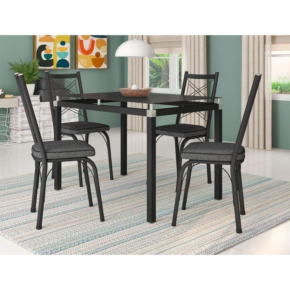 Conjunto De Mesa 4 Cadeiras Vidro Preto Fosco Azul Turquesa