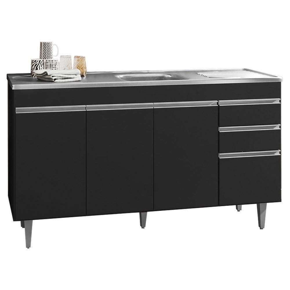 Balcão Gabinete Com Pia Inox 150Cm 3 Portas Andréia Preto