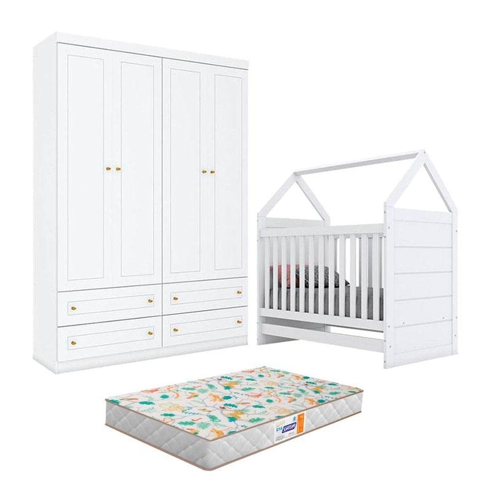 Berço Montessoriano e Guarda Roupa Infantil Americano 4 Portas Branco com Colchão Gazin - Henn