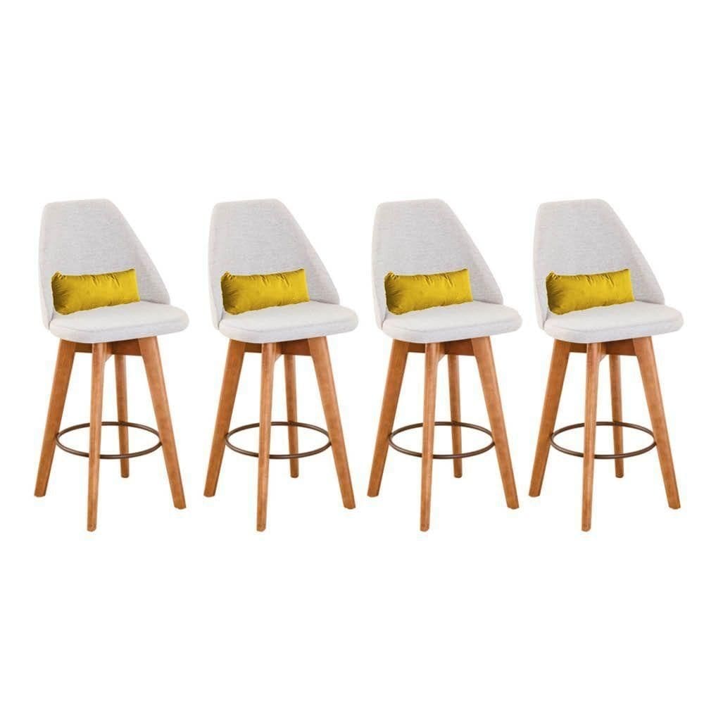 Kit 04 Banquetas Linho Bege E Almofada Suede Amarelo