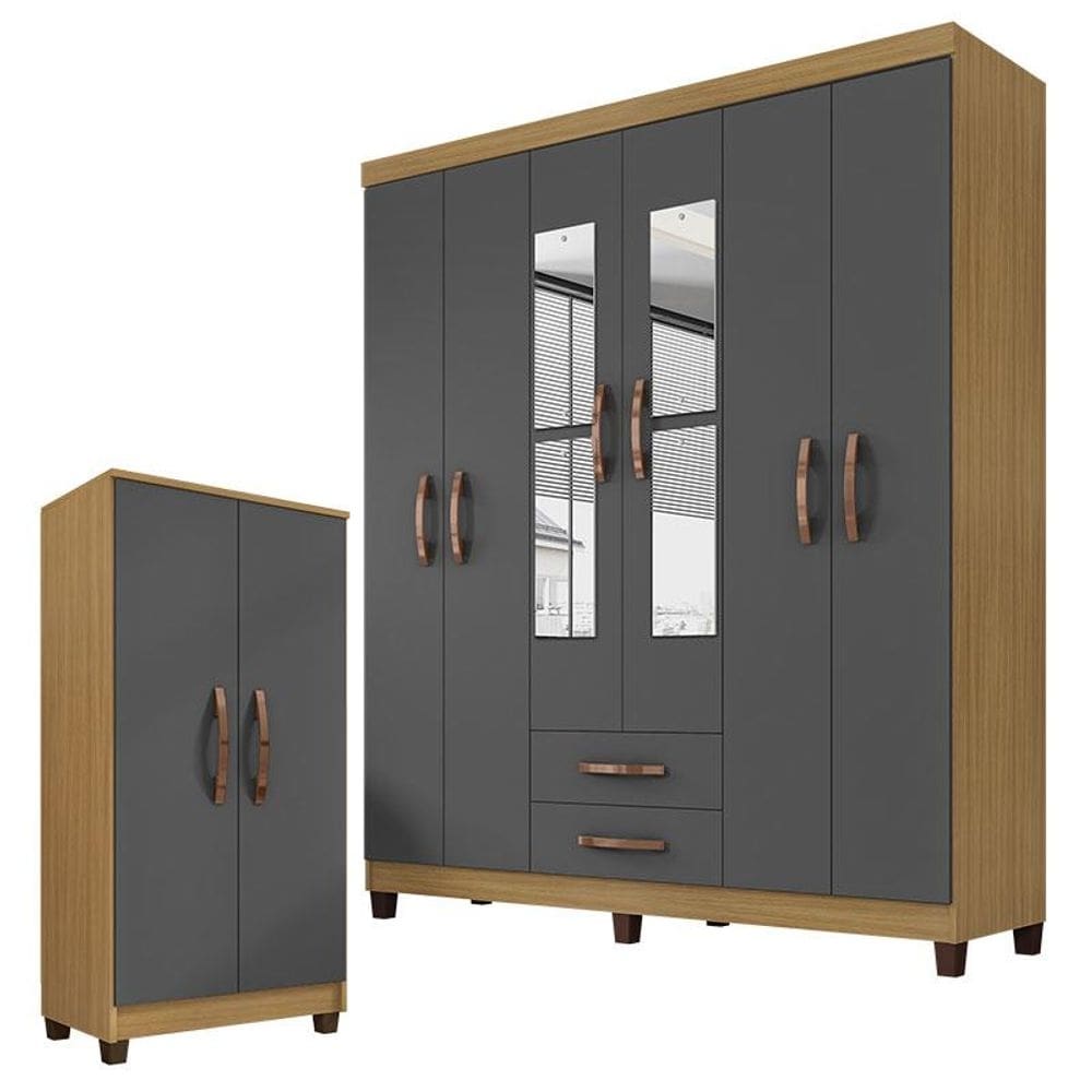 Guarda Roupa Casal Modena com Espelho 6 Portas e Multiuso Recife Carvalho Americano Grafite  - Incorplac