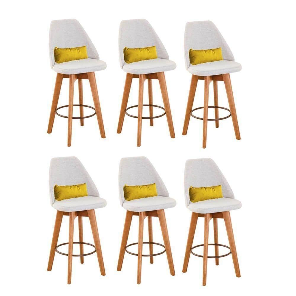 Kit 06 Banquetas Bege Claro E Almofada Corino Amarelo