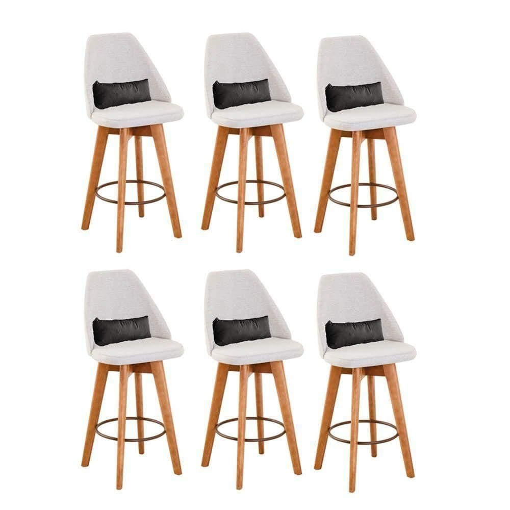 Kit 06 Banquetas Linho Bege E Almofada Suede Cinza