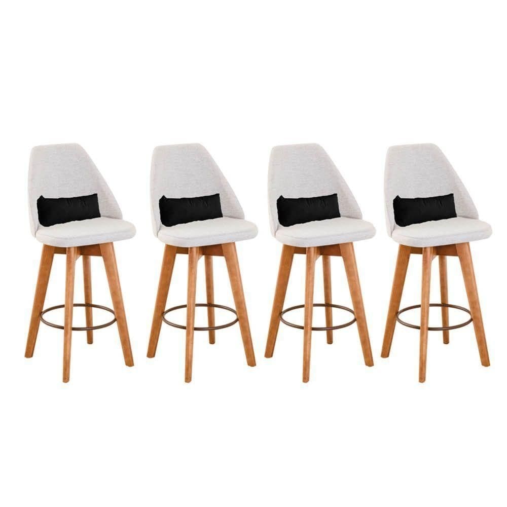 Kit 04 Banquetas Linho Bege E Almofada Suede Preto