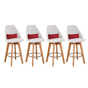 Kit 04 Banquetas Linho Bege E Almofada Suede Vermelho