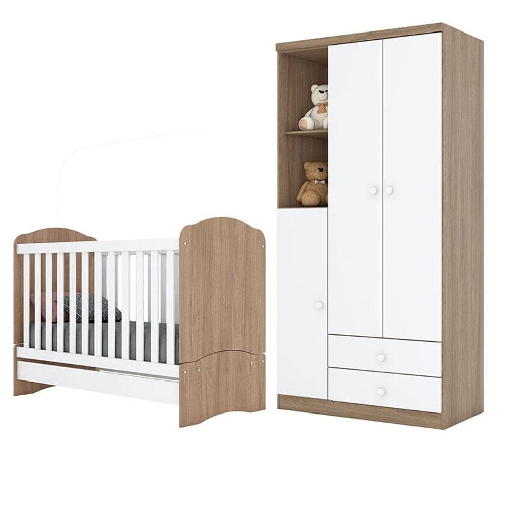 Berço Nacional e Guarda Roupa Infantil Bala de Menta Rústico Branco - Henn