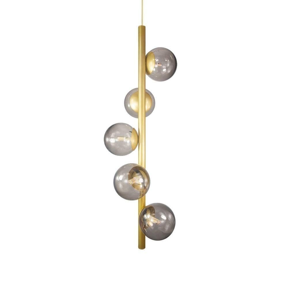 Lustre Vertical Figo Ouro - 5 Globos Esfera De Vidro Fumê