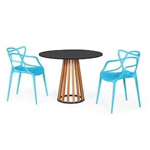 Conjunto Mesa De Jantar Preta 100cm Com 2 Cadeiras - Azul