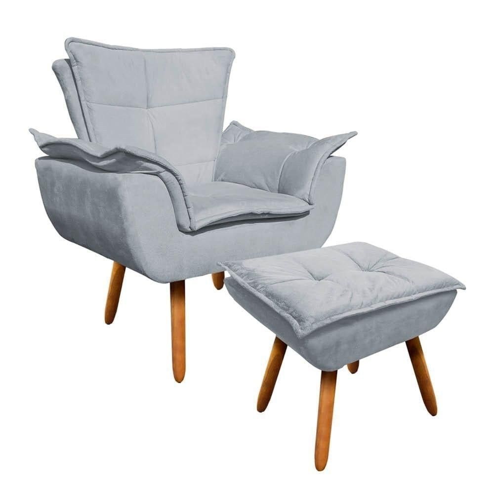Poltrona Decorativa Pés Palito Com Puff Opla Suede Cinza - Ibiza