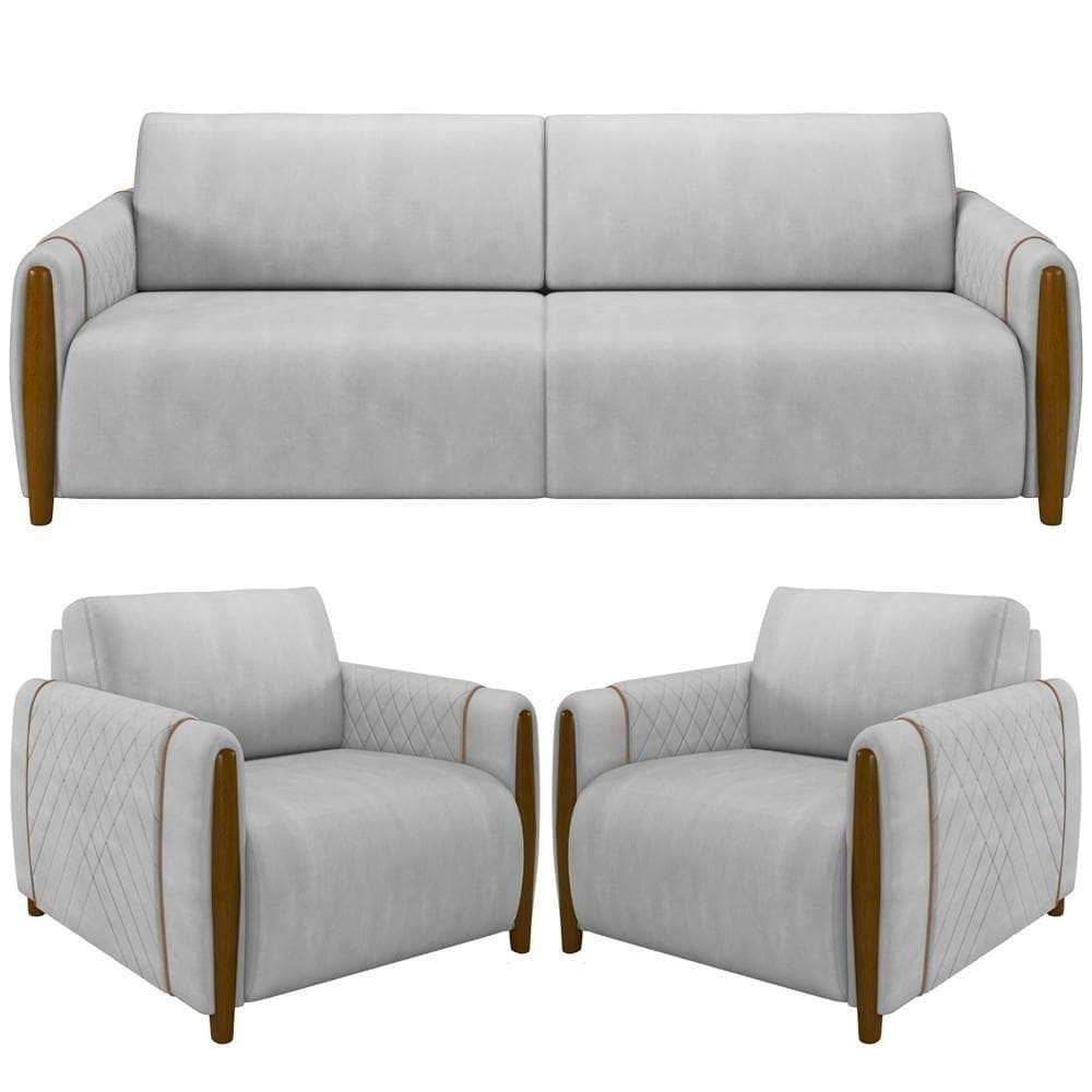 Kit Sofá 03 Lugares 223Cm Com 02 Poltronas Flora M03 Cinza