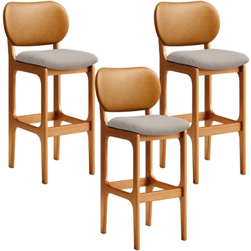 Kit 3 Banquetas Alta Betta Imbuia Whisky Linho Bege