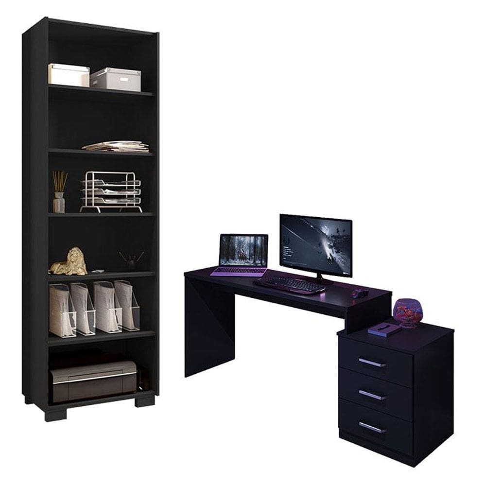 Mesa para Computador Gamer DRX 5000 e Livreiro Office Preto Trama - Móveis Leão