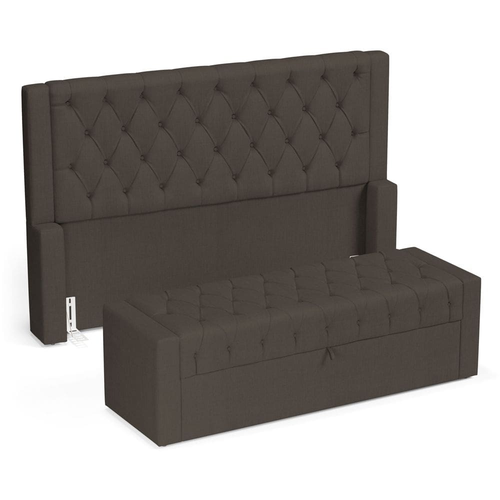 Cabeceira e Calçadeira Báu Casal Padrão Atena 140cm Capitonê Linho Cacau - Desk Design
