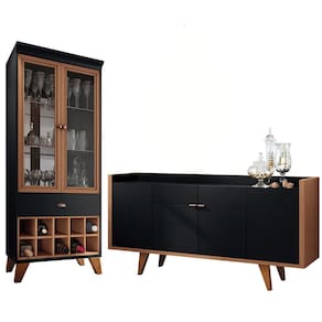 Kit Aparador Buffet 160 cm com Cristaleira para Sala de Estar Edenia H01 Nature - Preto Clique Chique