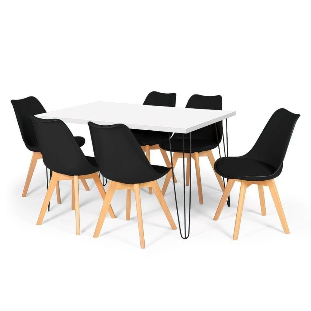 Conjunto Mesa De Jantar Hairpin 130x80 Branca Com 6 Cadeiras Eiffel Leda - Preto